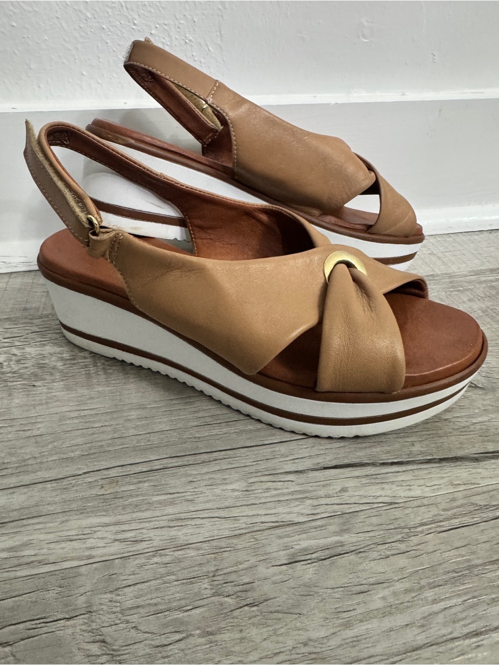 Ron White Leather Wedge Platform Slingback Sandals Camel Tan Made in Italy Sz 39